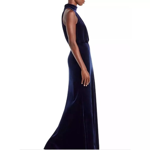 NWT ELIZA J Velvet Mock Neck keyhole back Maxi Gown Evening Dress Ruched Navy - Picture 9 of 16
